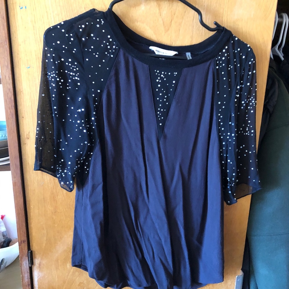 Rebecca Taylor Black Silk Bejeweled Short Sleeve Top